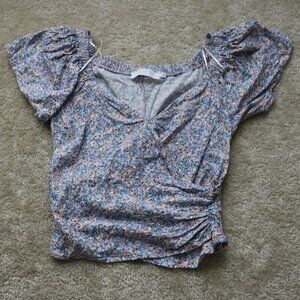 Astr Floral Puff Sleeve Blouse - Blue and Purple